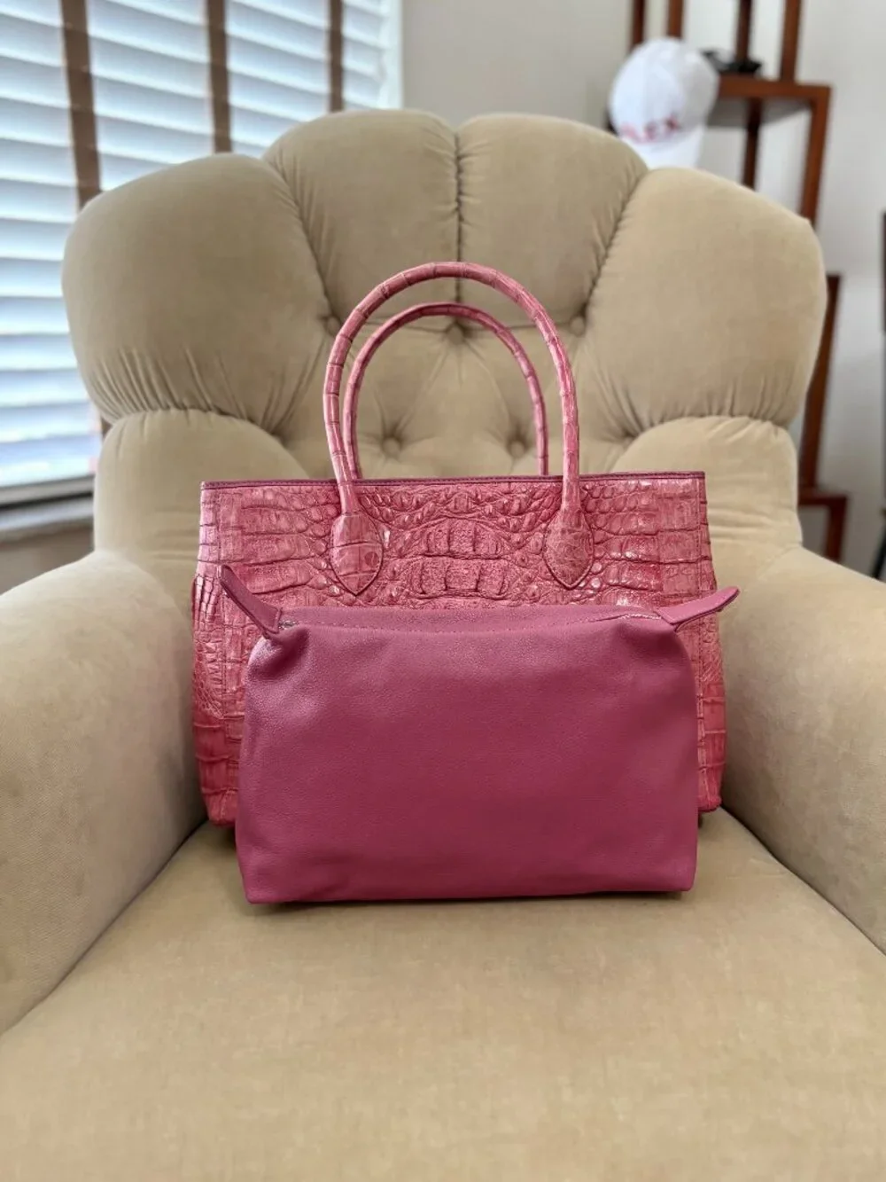 Auth RIVER Brand Genuine Caiman Crocodile Pink Rose Satchel Bag....GORGEOUS!!!